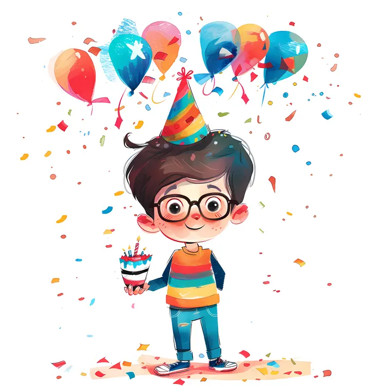 Boy with Birthday Hat and Balloons