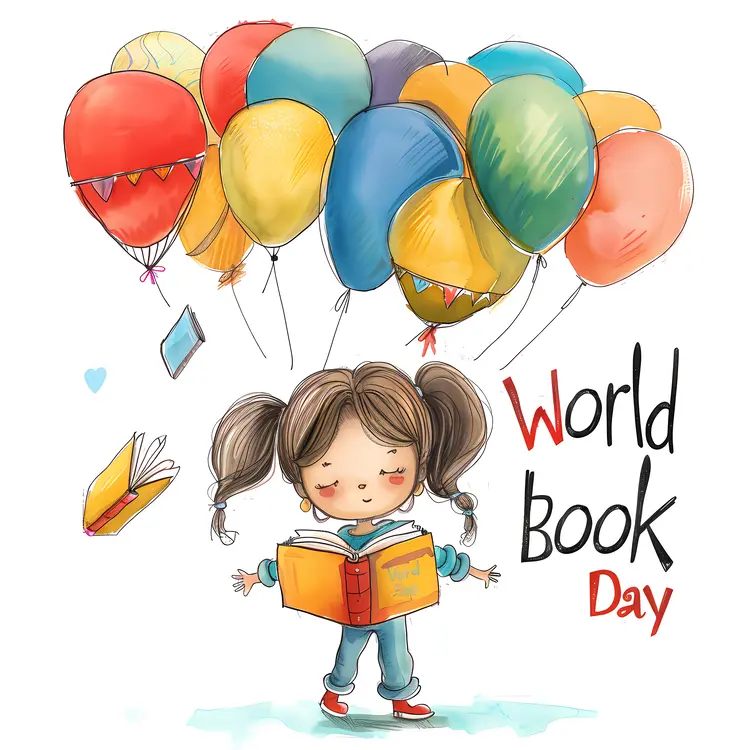 Girl with Balloons and Book Celebrating World Book Day