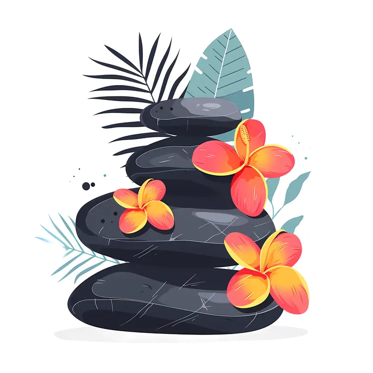 Zen Stacked Stones with Red and Yellow Flowers