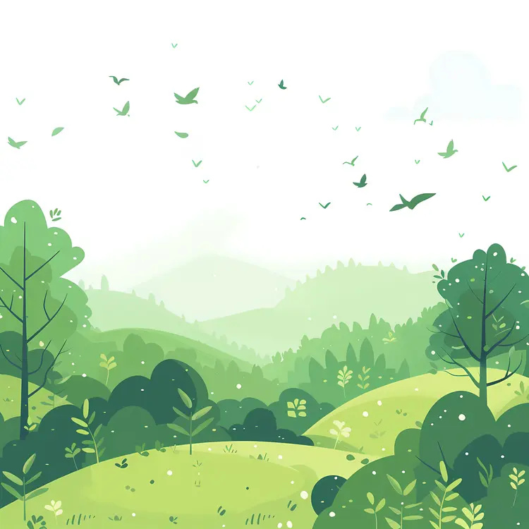 Lush Green Forest with Birds and Trees
