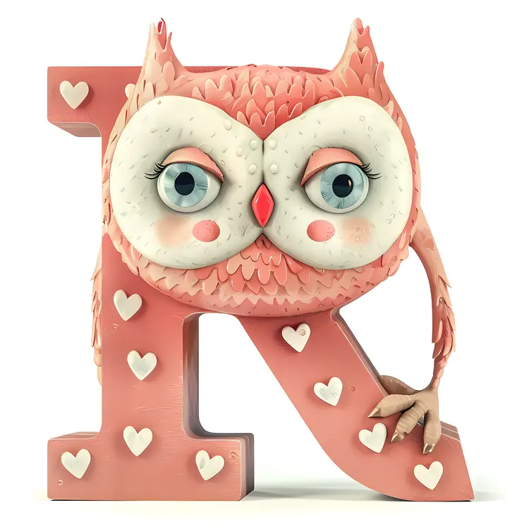 Cute Letter R with Owl and Hearts