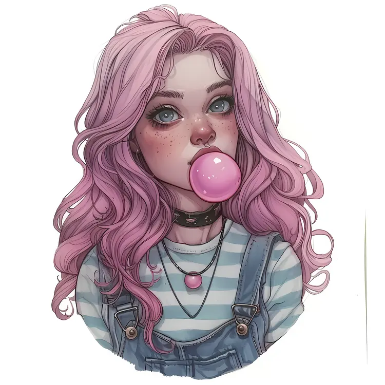 Girl with Pink Hair and Striped Shirt Blowing Bubblegum