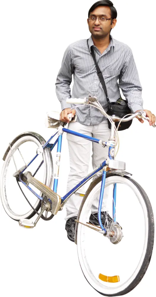 Man with Bicycle and Shoulder Bag