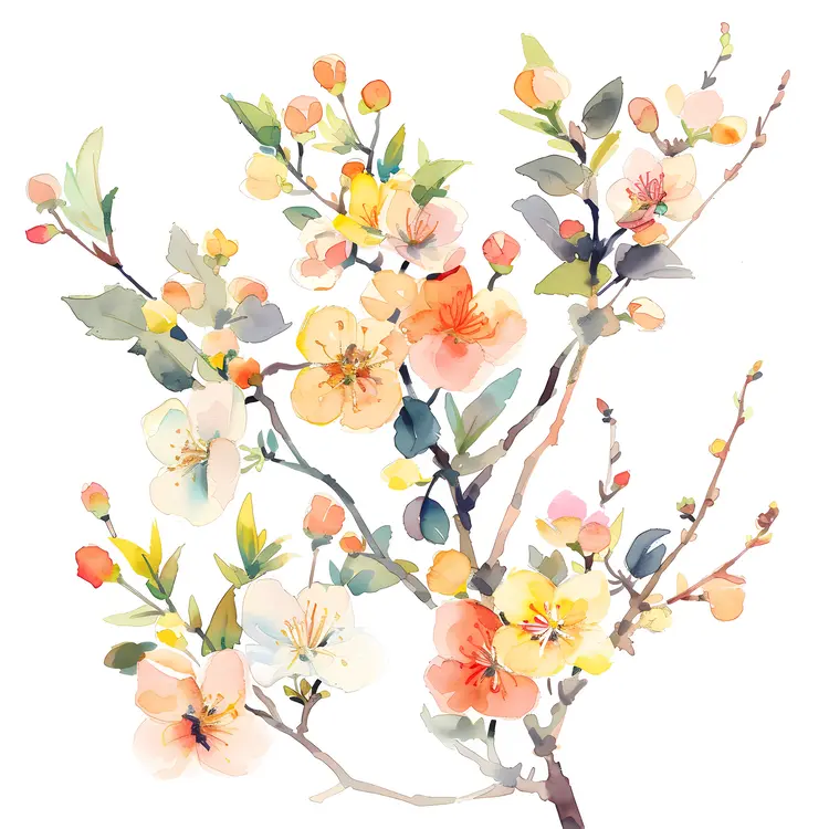 Soft Yellow and Orange Blossoms on a Branch