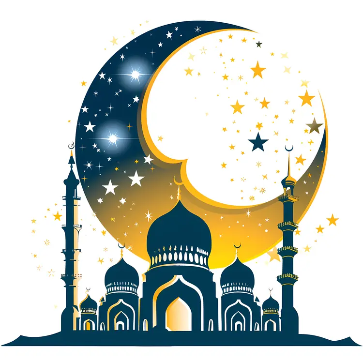 Golden Mosque with Crescent Moon and Stars