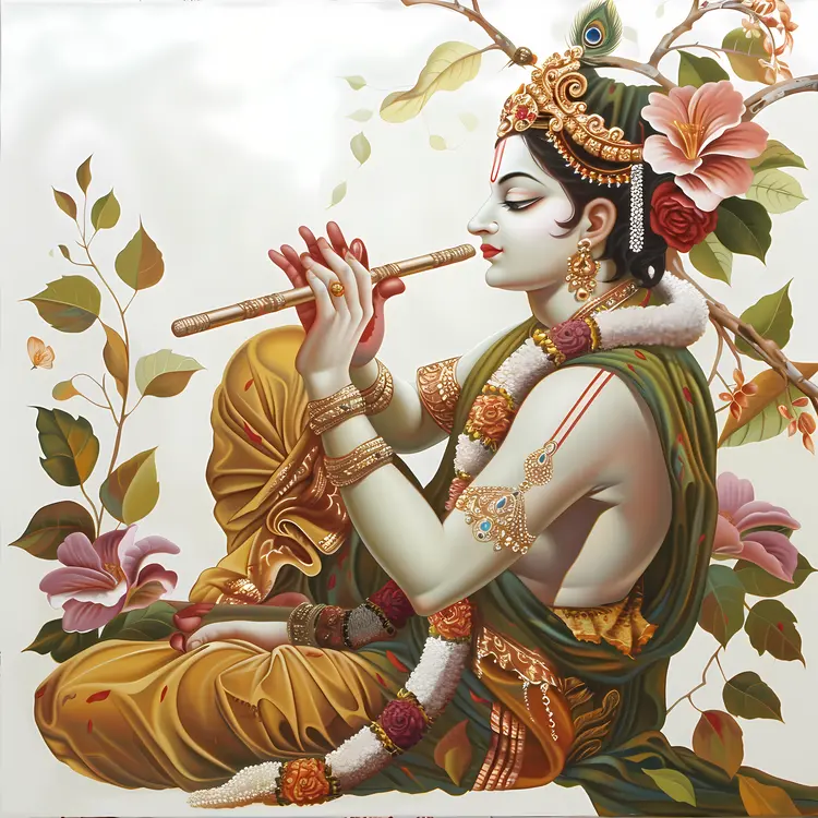 Hindu Deity Playing Flute with Floral Background