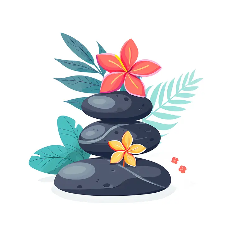 Zen Stacked Stones with Flowers and Leaves