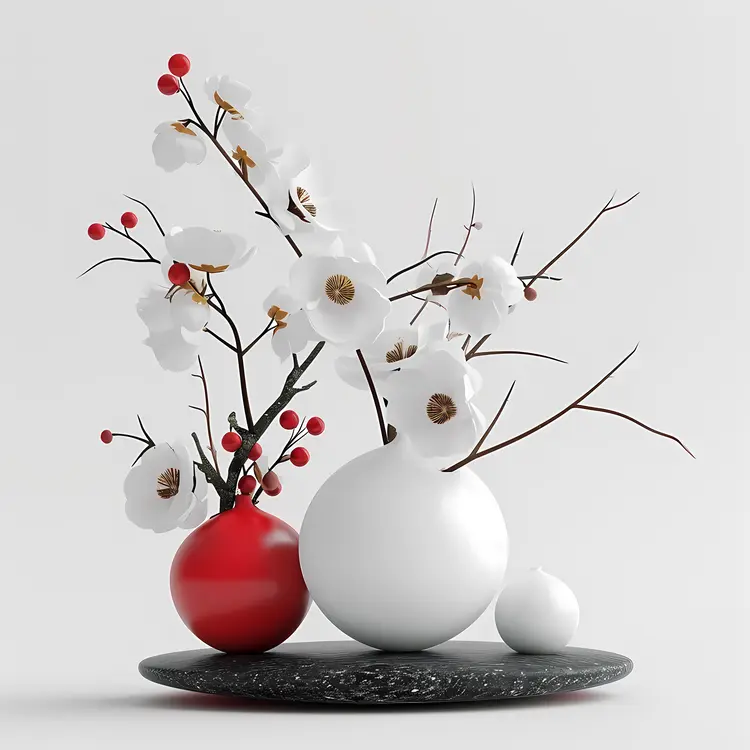 White Flowers in Red and White Vases