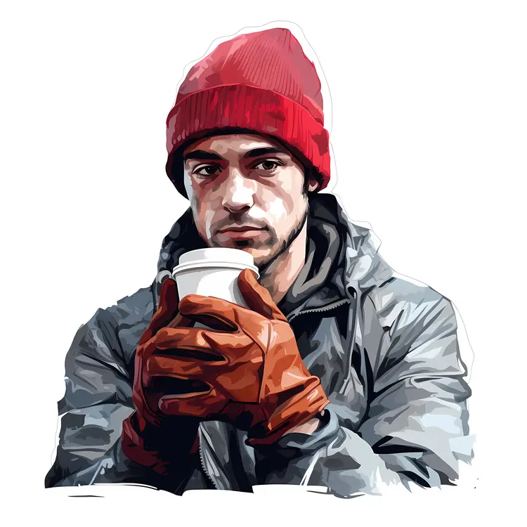 Man with Coffee Cup in Winter Clothing