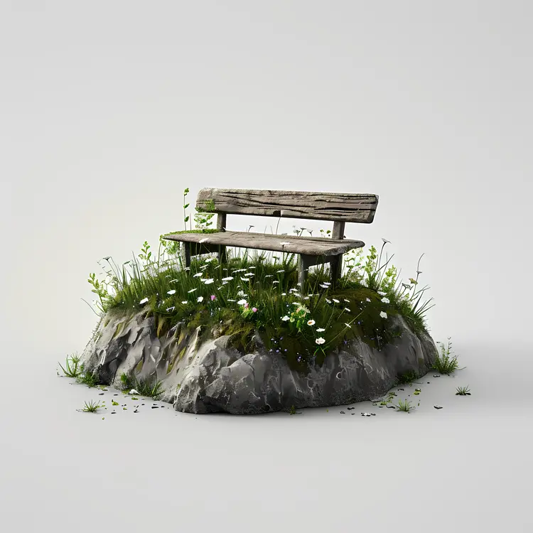 Wooden Bench on Rock with Grass and Flowers