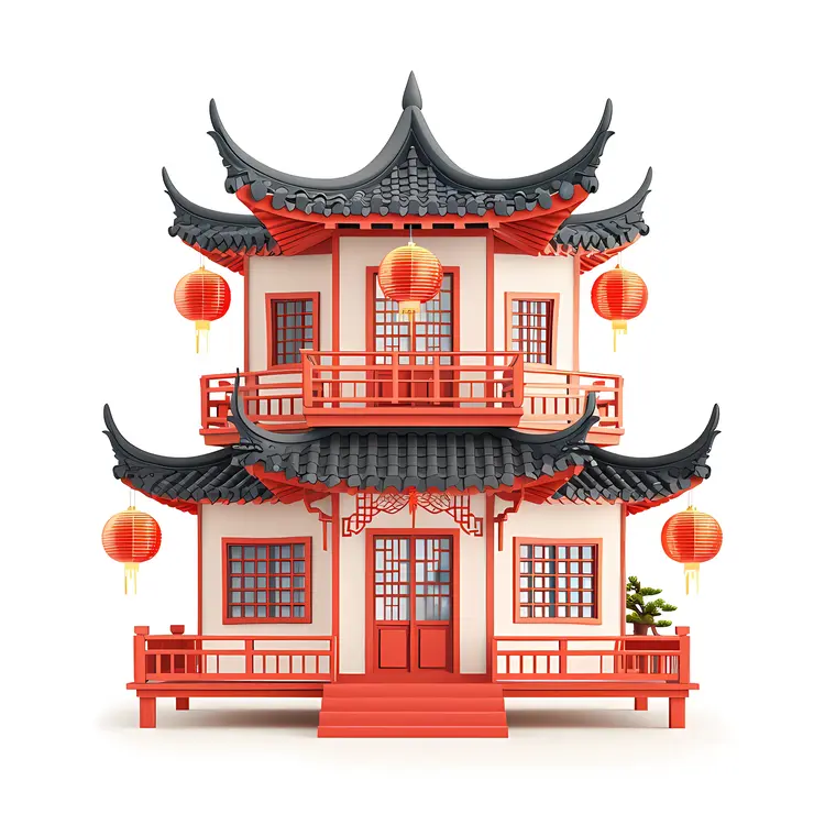 Red and Black Chinese House with Lanterns