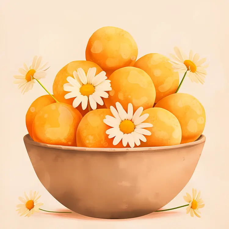 Bowl of Orange Balls with Daisies