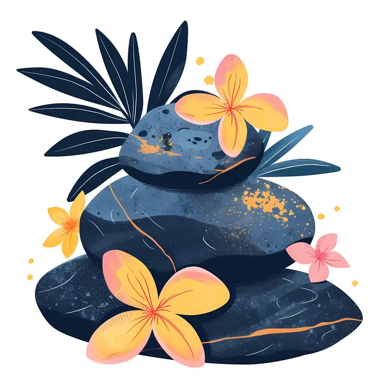 Zen Stacked Stones with Pink and Yellow Flowers
