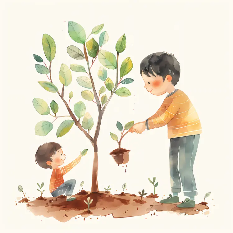 Children Planting a Tree Illustration