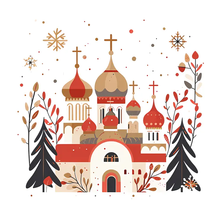 Winter Russian Church with Domes and Snowflakes