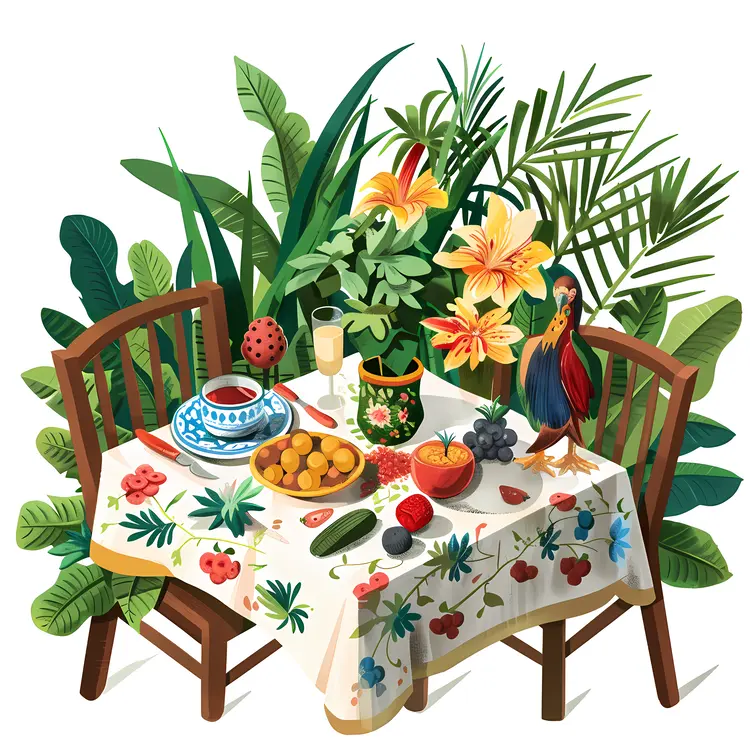 Tropical Table with Food and Parrot