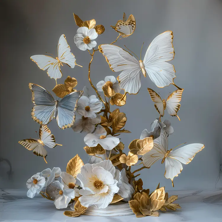 Elegant White and Gold Butterflies with Flowers