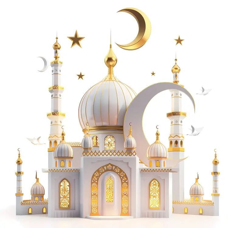 White and Gold Mosque with Crescent Moon and Doves