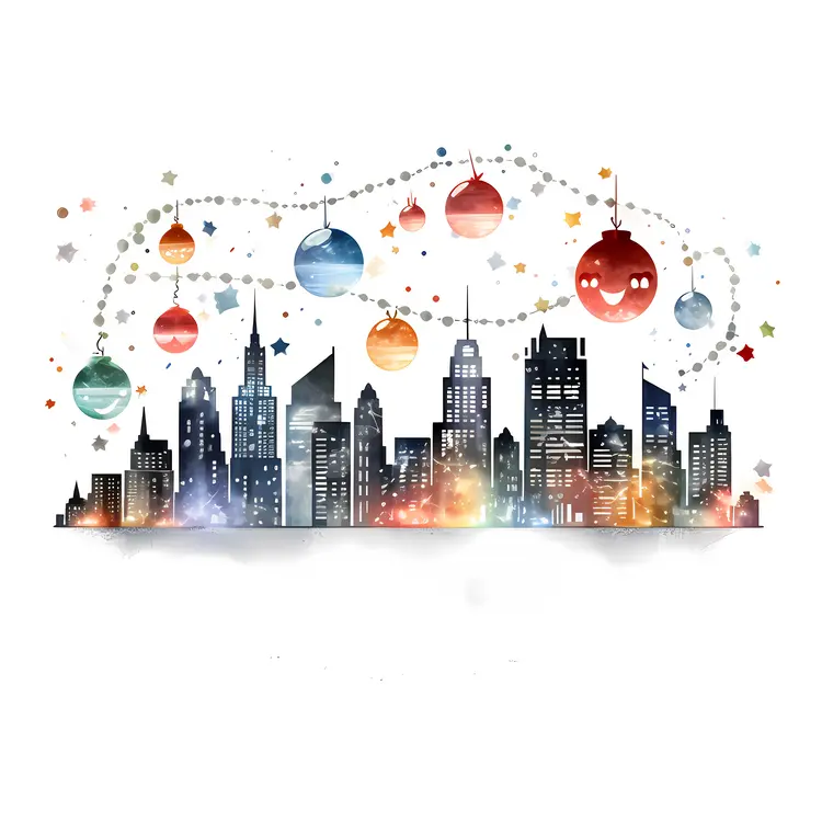 Cityscape with Christmas Ornaments