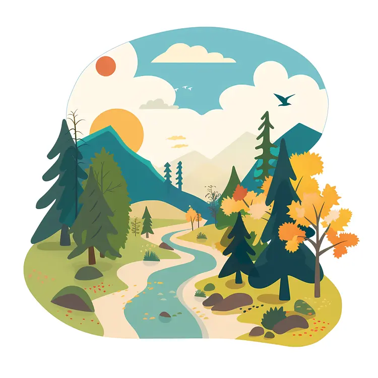 Forest with River and Mountains
