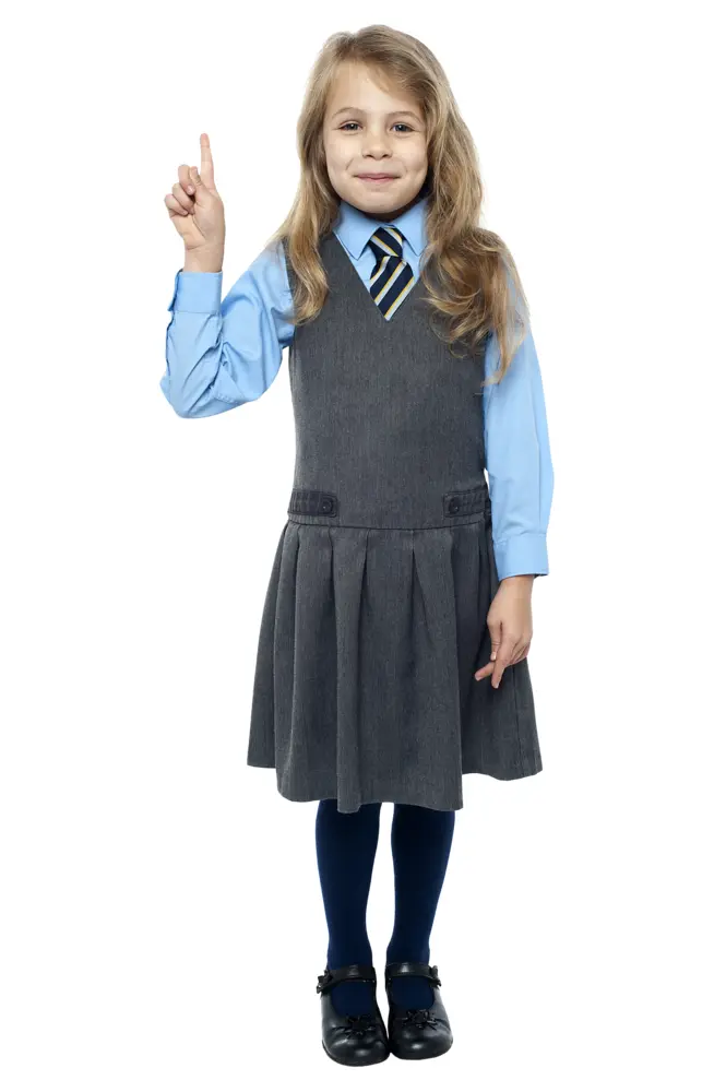 Smiling Girl in School Uniform Pointing Upwards