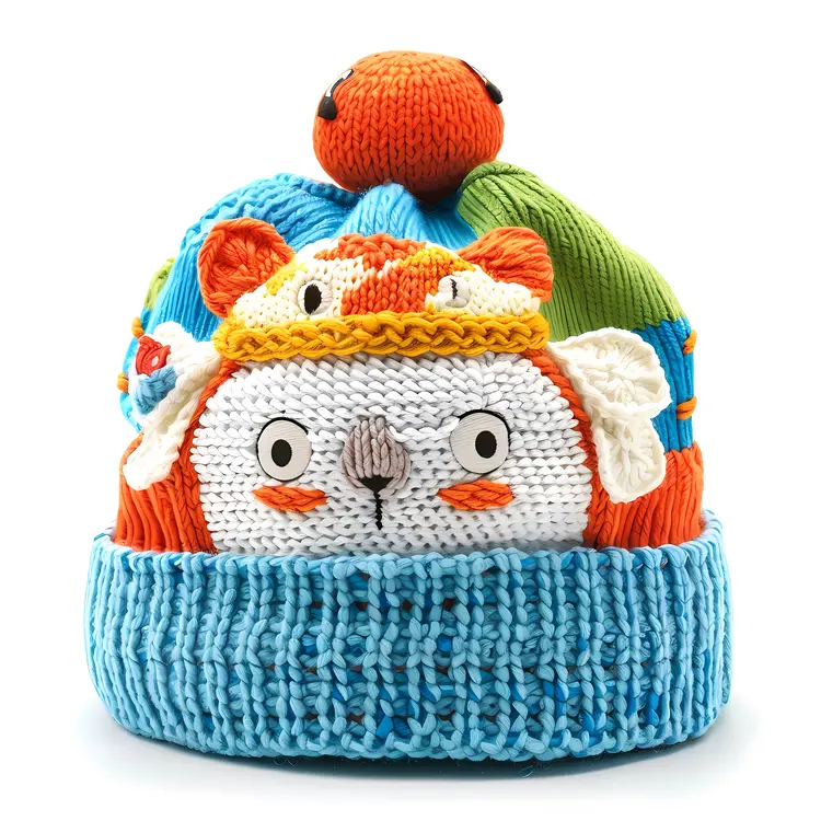 Multicolored Knitted Hat with Animal Design