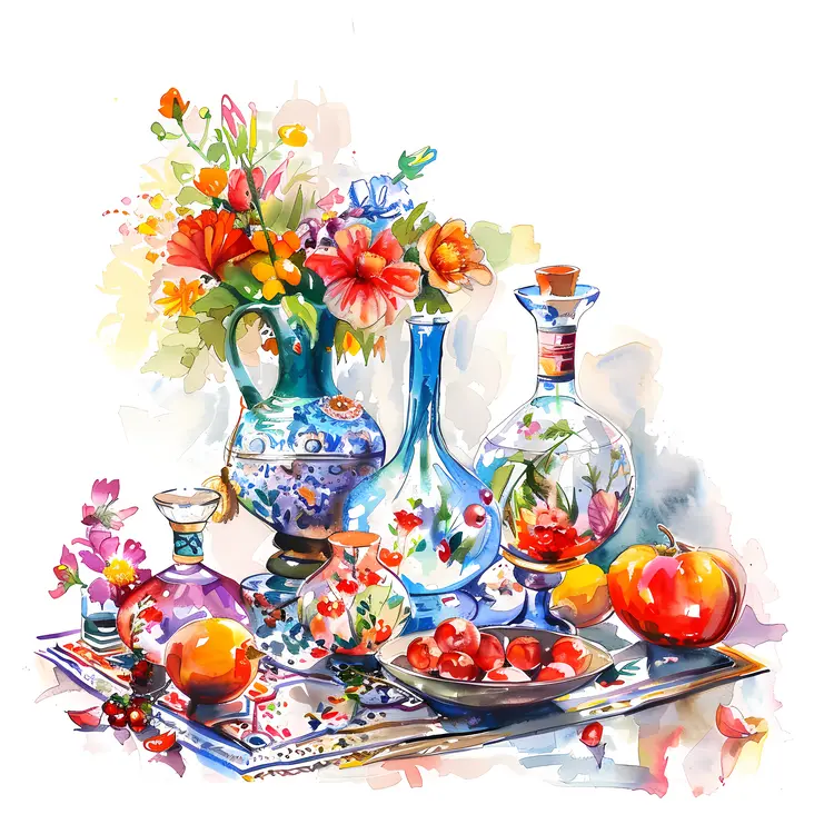 Artistic Vases with Flowers and Fruits