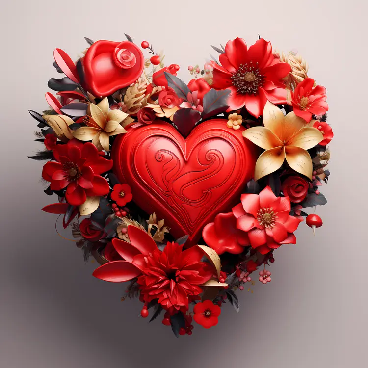 Heart with Red and Gold Flowers for Valentine's Day