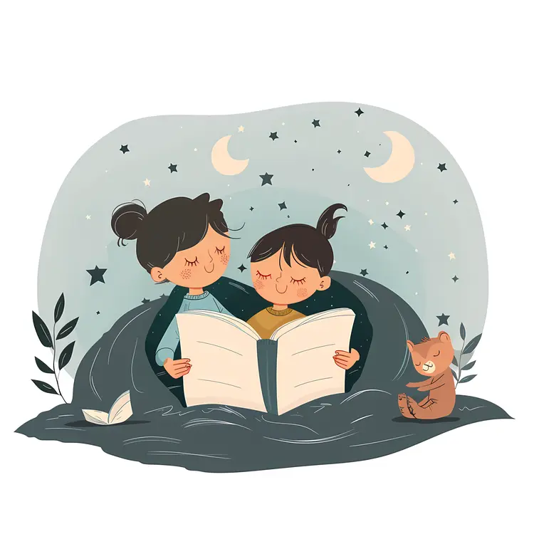 Two Children Reading Under the Moon and Stars