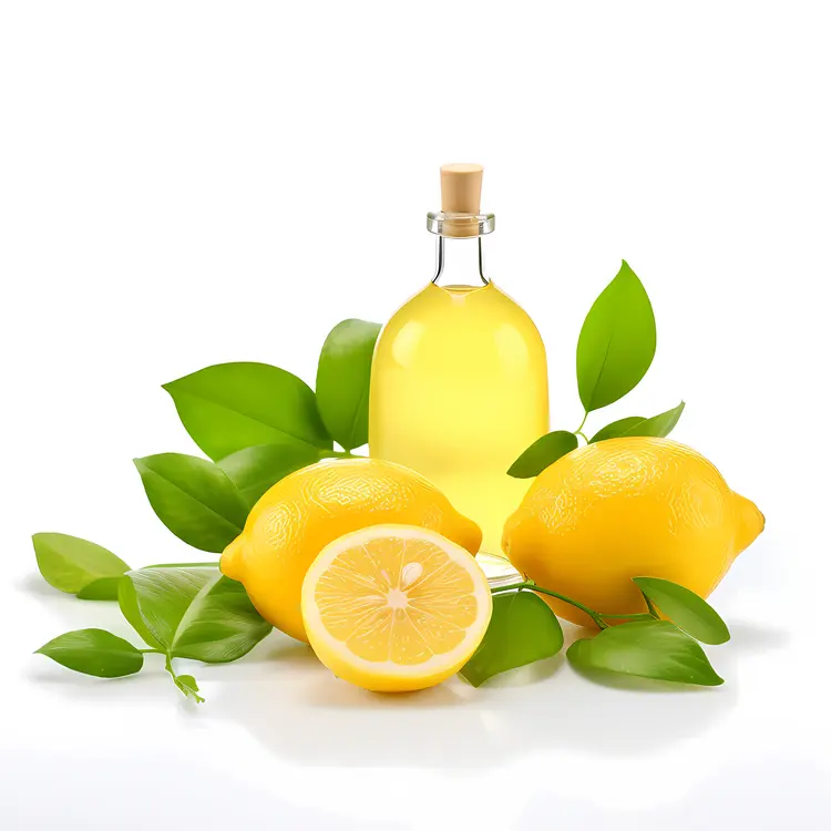 Lemon Juice in a Bottle with Fresh Lemons and Leaves