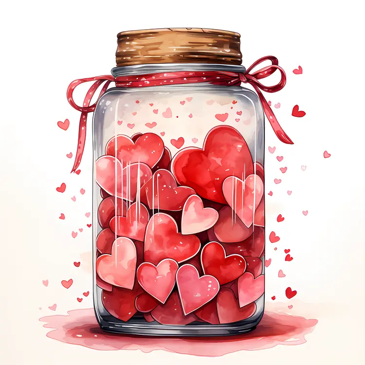 Jar Filled with Red Hearts and Ribbon