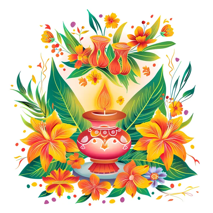 Diya Lamp with Colorful Flowers and Leaves