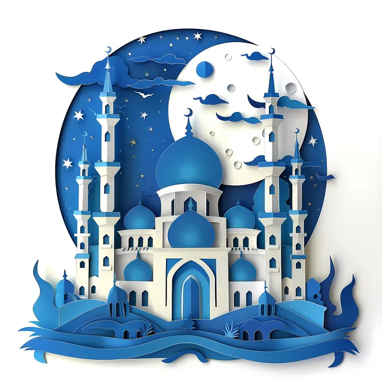 Blue Mosque with Moon in Paper Art