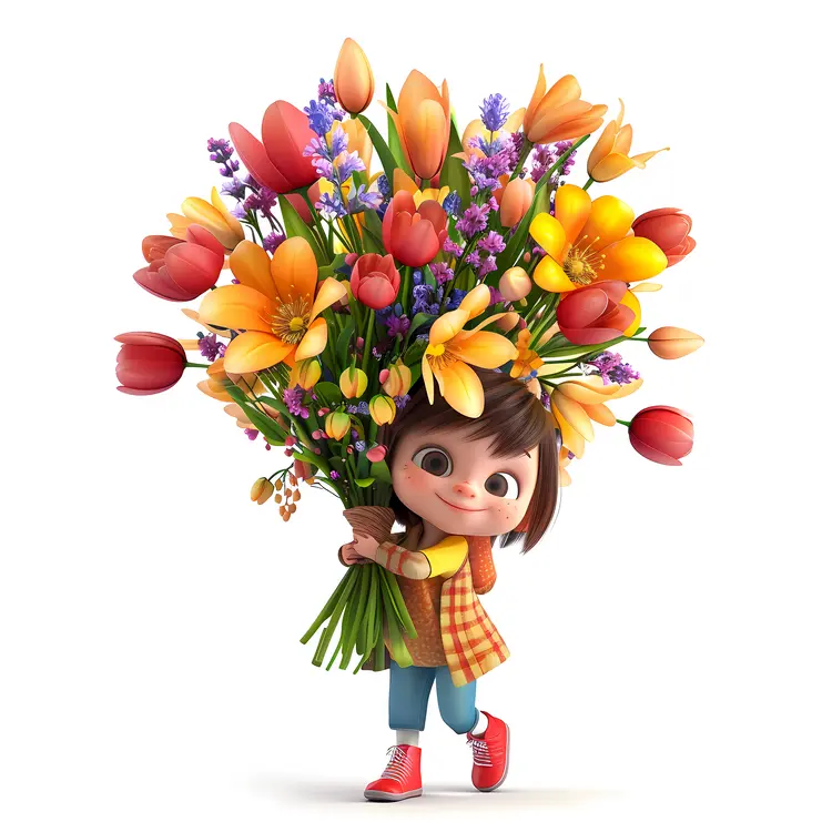 Girl Holding a Large Bouquet of Colorful Tulips