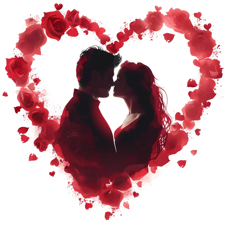 Romantic Couple Silhouette with Heart of Roses