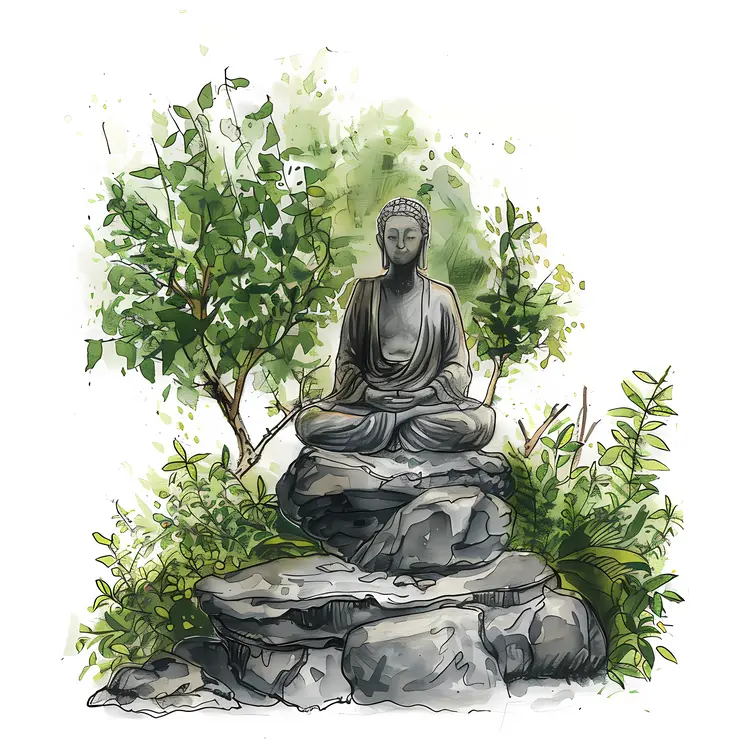 Buddha Statue on Rocks in a Garden