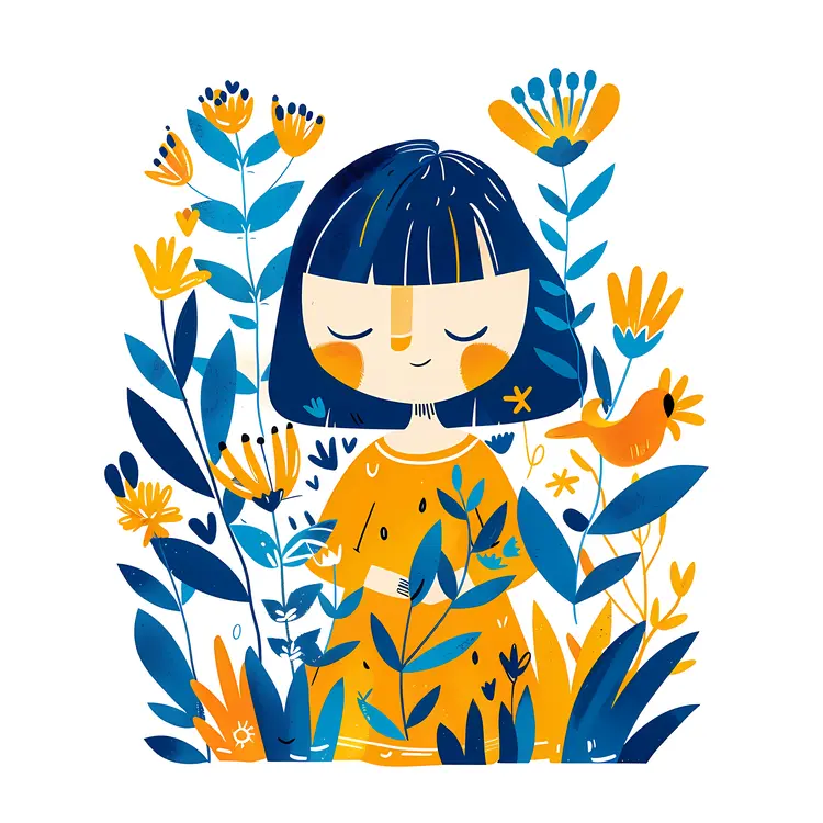 Cute Girl with Flowers in Blue and Yellow Illustration