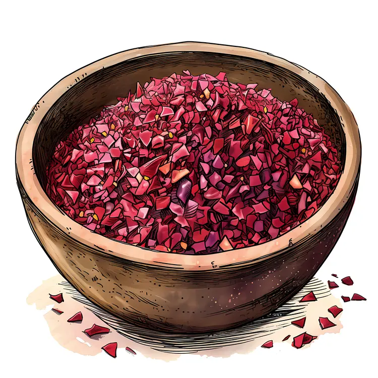 Red Granules in a Wooden Bowl