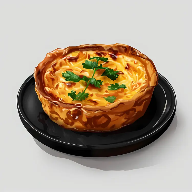 Custard Tart with Parsley on Black Plate