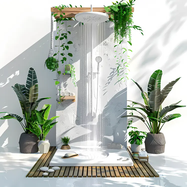 Shower with Wooden Floor and Green Plants