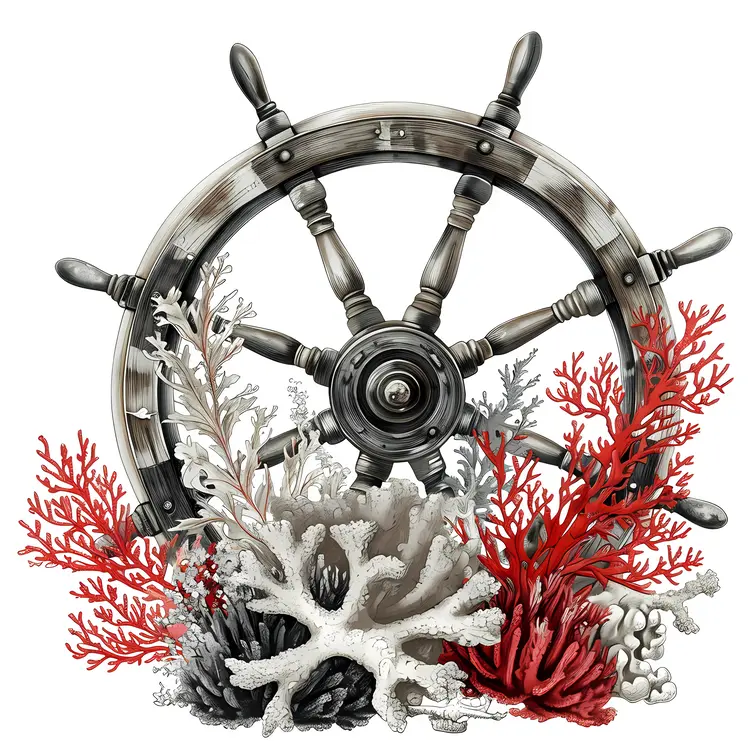 Ship Wheel with Coral and Marine Life