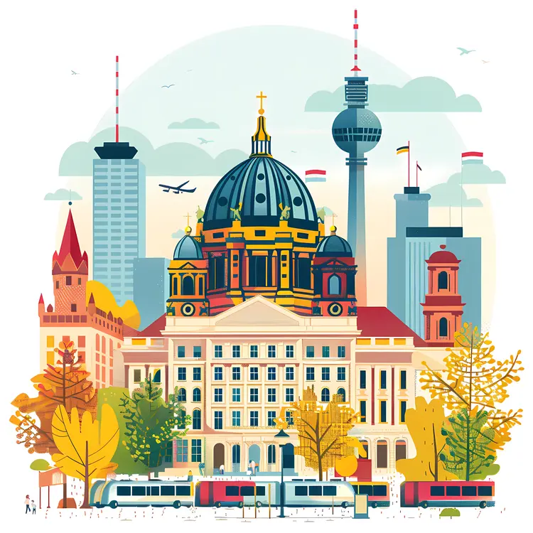 Cityscape with Historical Buildings and Trees