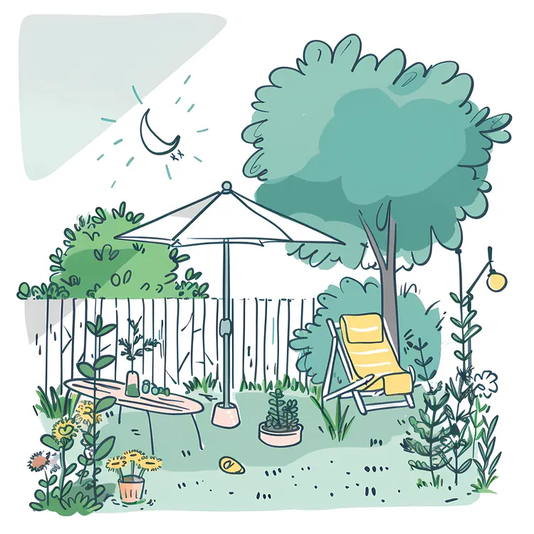 Sunny Backyard Garden with Umbrella and Chair