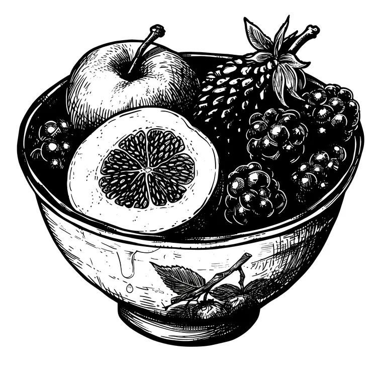 Black and White Fruit Bowl with Apple and Orange