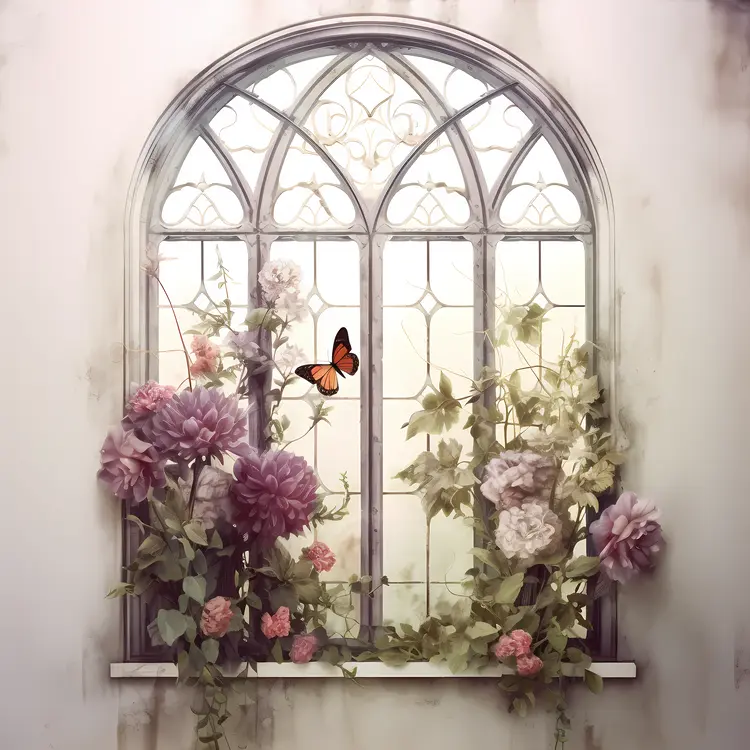 Floral Window with Butterfly and Roses