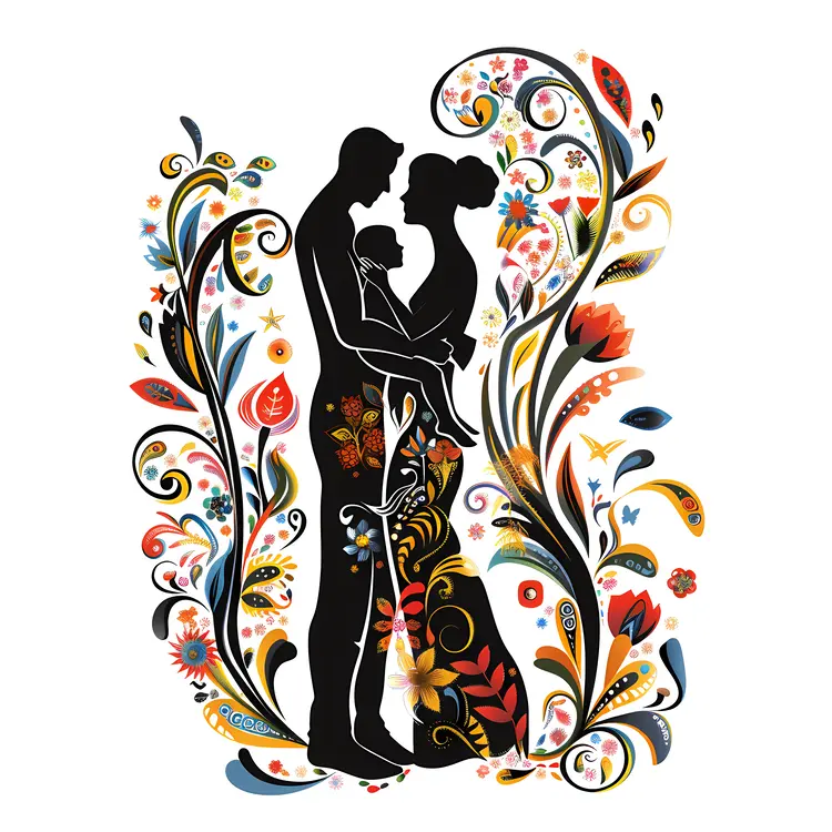 Silhouette Family with Child in Floral Frame