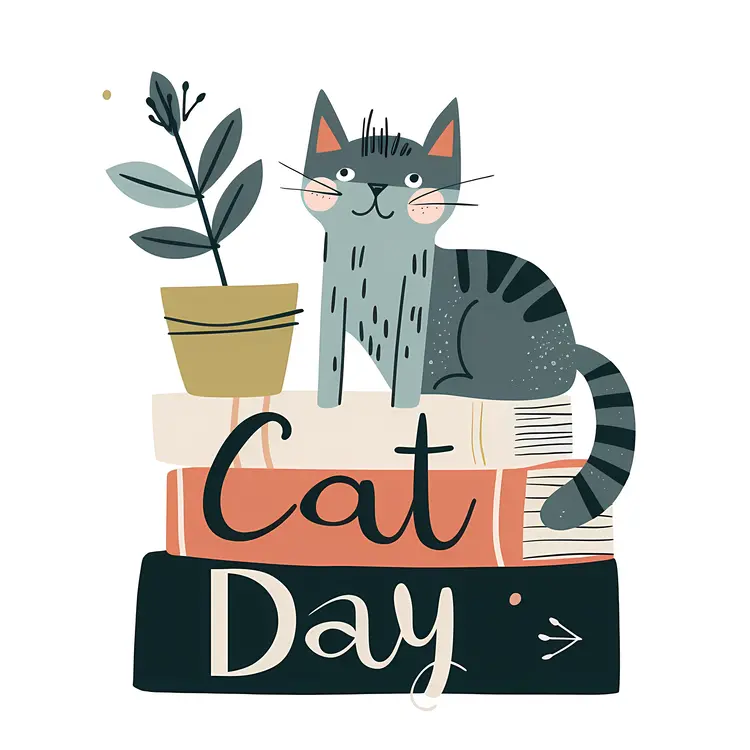 Cute Cat on Stack of Books with Plant