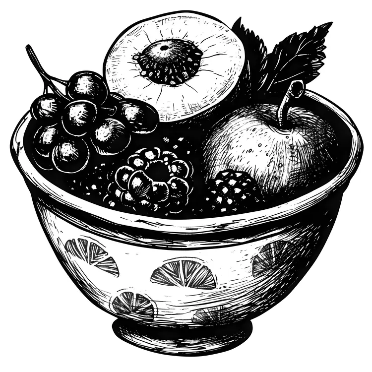 Black and White Fruit Bowl with Kiwi and Apple