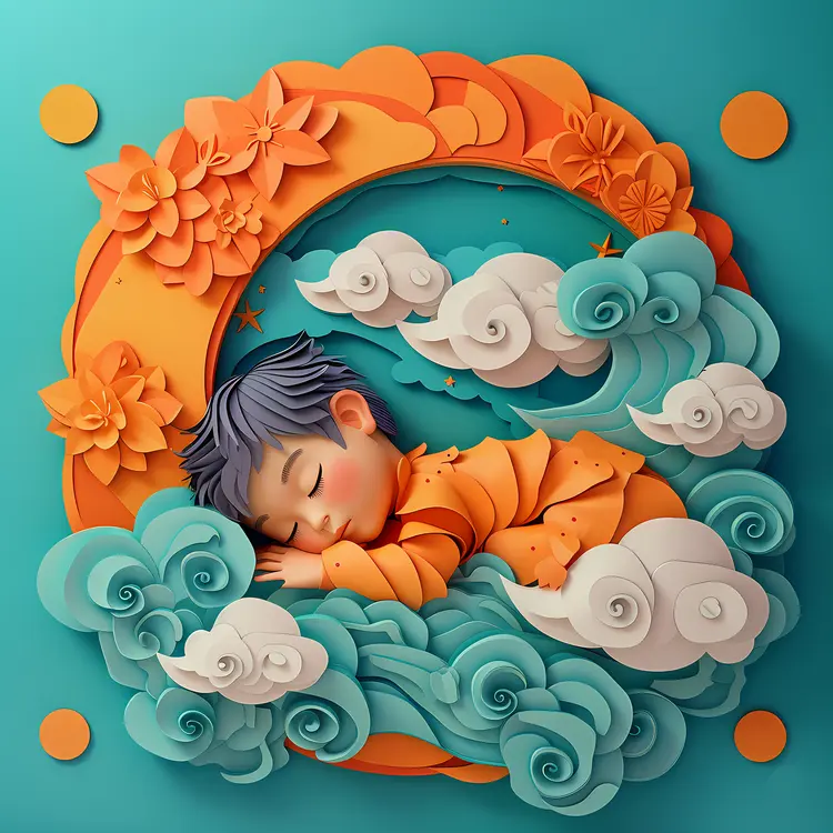 Sleeping Child on Clouds with Moon
