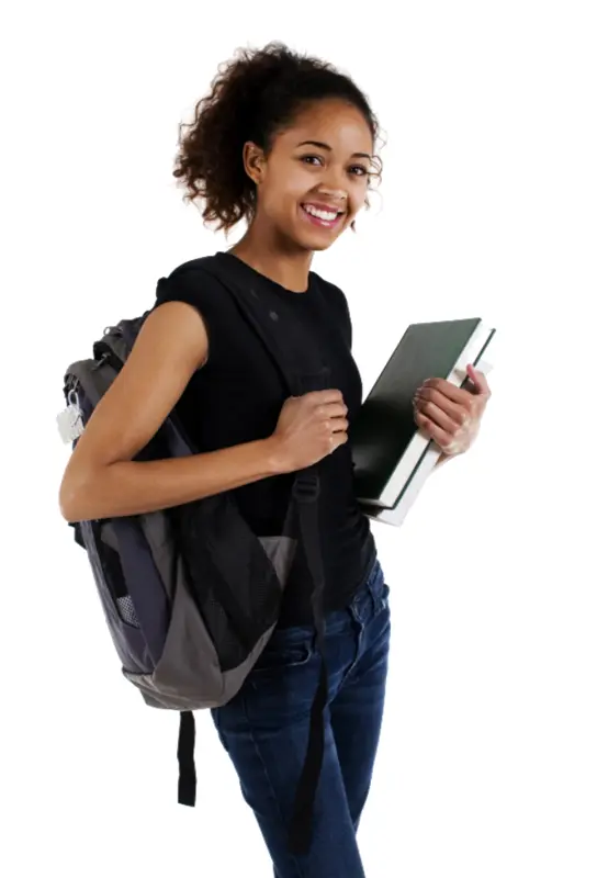 Smiling Girl with Backpack Holding a Book